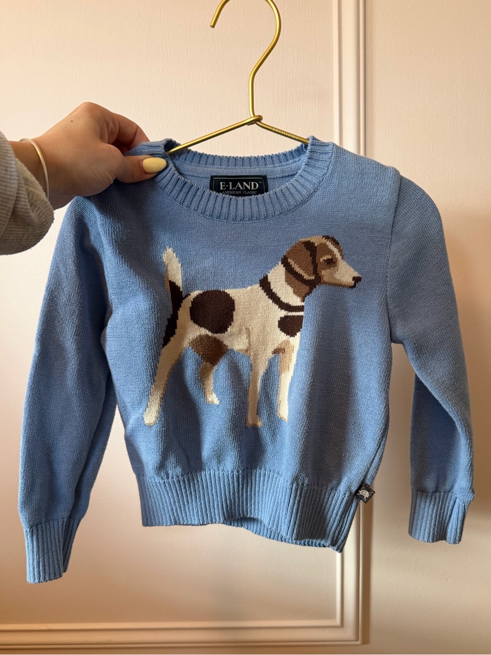 E-LAND kids toddler blue knit dog embroidered sweater